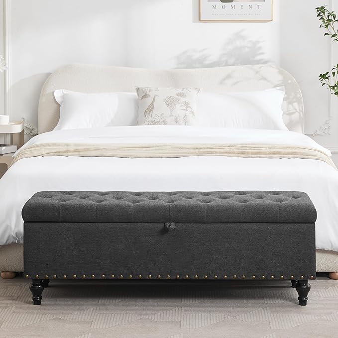Mangodan51” Linen End of Bed Storage Bench, Tufetd Upholstered Storage Ottoman Bench with Safety Hinge, 330 lb Large Ottoman with Storages for Living Room, Entryway & Bedroom, Window Benches, Grey