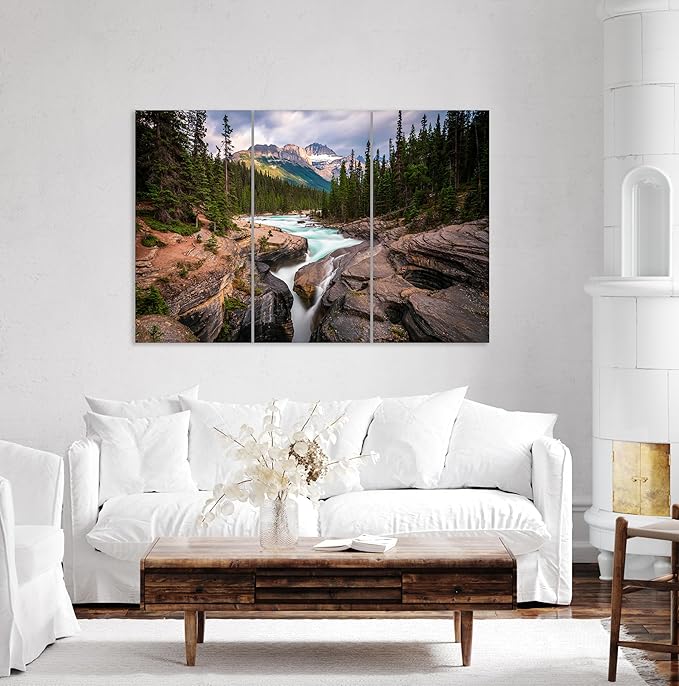 Nature Wall Art Prints - Ocean Forest Mountain Lake Canvas Landscapes - Small to Extra Large Living Room Bedroom Kitchen Bathroom Décor (Mountain River Waterfall, 35L" x 53W" - 3 Panels)