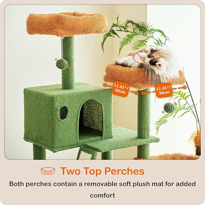 Ouritsu Cat Tree, 56 inch Tall Cat Tower for Large Cat Indoor, Large Condo, 2 Padded Perches, Steel-Framed Hammock, Scratching Post and ramp, Fluffy Basket, Green, LF001GB