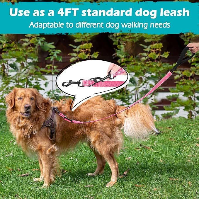 PetBonus Two Point Control Dog Leash, Works with No Pull Harnesses, No Tangle Training Leashes, Soft Padded and Reflective Walking Lead, Converts to Single Lead for Medium Large Dogs (Pink)
