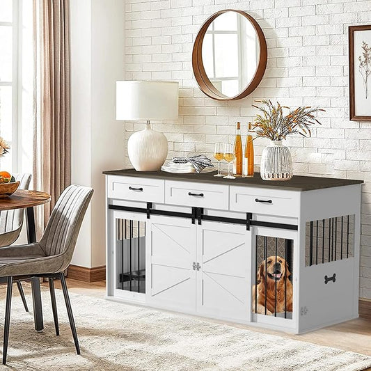 RQZ 65" Double Dog Crate Furniture for 2 Dogs Heavy Duty Wood Dog Cage Table with 3 Storage Drawers and 4 Stainless Steel Bowls Dog Kennel Indoor for Medium Large Dogs