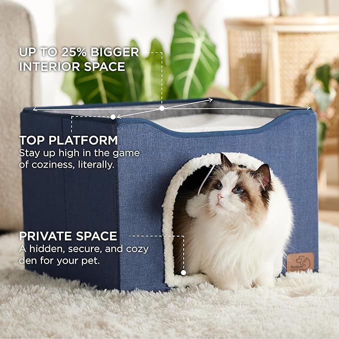 Bedsure Cat Beds for Indoor Cats - Large Cat Cave for Pet Cat House with Fluffy Ball Hanging and Scratch Pad, Foldable Cat Hideaway, 16.5x16.5x13 inches, Blue