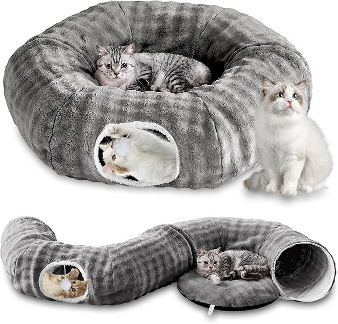 Bubble Cat Tunnel for Indoor Cats, Round Peekaboo Cave Toy with Dangling Balls, Donut Tunnel Bed with Circle Mat for Puppy Kitten Rabbit, Grey