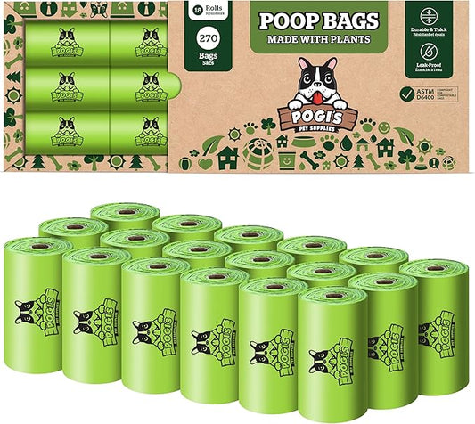 Pogi's Compostable Poop Bags – Leak-Proof, Extra-Large, Made with Plants – 18 Rolls (270 Bags)