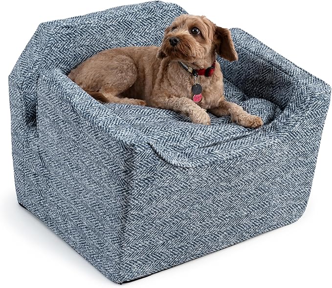 Snoozer Dog Car Seat, Lookout I Dog Booster Car Seat for Small Dogs Under 25lbs, Size: Medium, Fabric: Palmer Indigo, Pet Car Seat to Alleviate Car Sickness for Dogs, Removable Machine Washable Cover