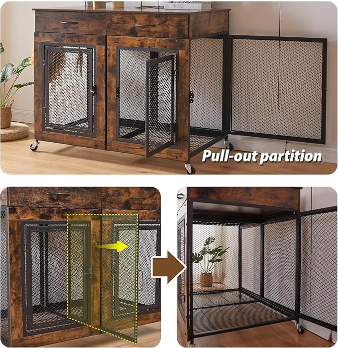 43" Large Dog Crate Furniture, Wood Dog Kennel End Table with Drawers, Decorative Pet Crate with Removable Partitions & Wheels, Dog House Indoor for Large/Medium/Small Dogs