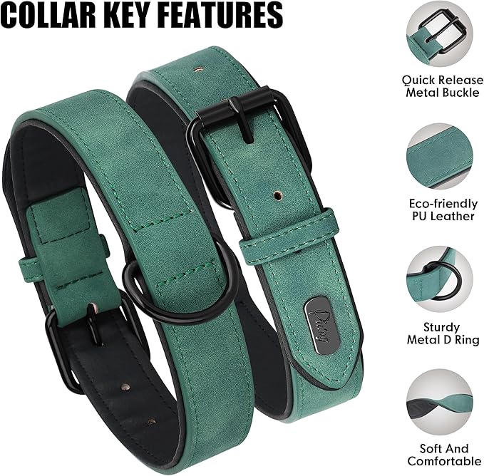 Didog Soft Padded Leather Dog Collar, Breathable Heavy Duty Dog Collar Leather with Adjustable Rust-Proof Metal Buckle for Small Medium Large Dogs, Green, XL