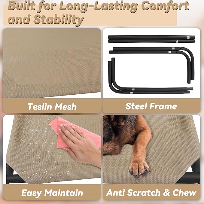 PHYEX Raised Pet Cot for Small Pets, Elevated Dog Bed with Breathable Mesh, Sturdy Steel Frame for Indoor & Outdoor Use, Non-Slip Design, Easy Clean, 33-Inch Brown