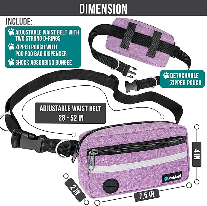 PetAmi Hands Free Dog Leash, Dog Running Leash Belt for Walking Jogging, Dog Waist Zipper Pouch Fanny Pack with Poop Bag Dispenser, Dual Padded Handle Bungee Leash for Small Medium Large Dogs, Double