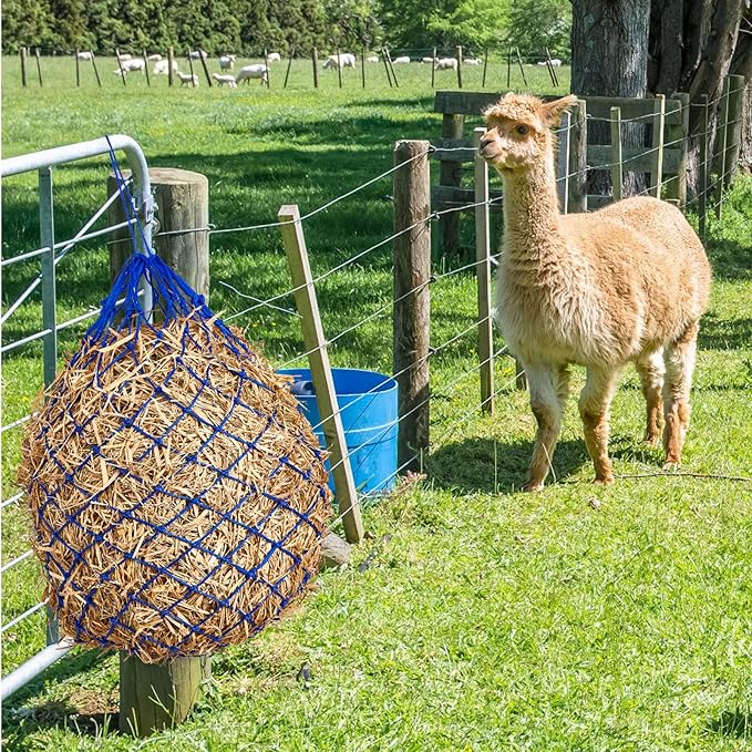 Fabbay 4 Pcs Slow Feed Hay Net Feeder Hay Bag for Horses Slow Feeder 40 Inch Length with 2 Inch Holes Hanging Horse Feed Net for Goat Cattle Equine Stalls Barn Supplies(Blue)