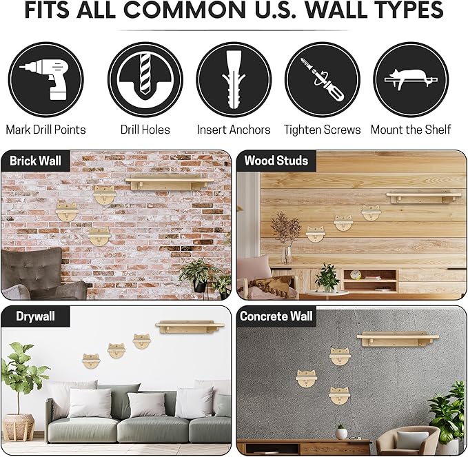 Snuggle & Play Cat Wall Shelves with Suction Cup Wand – 3 Mounted Steps, Climbing Wall Shelves and Furniture with Cat Wand