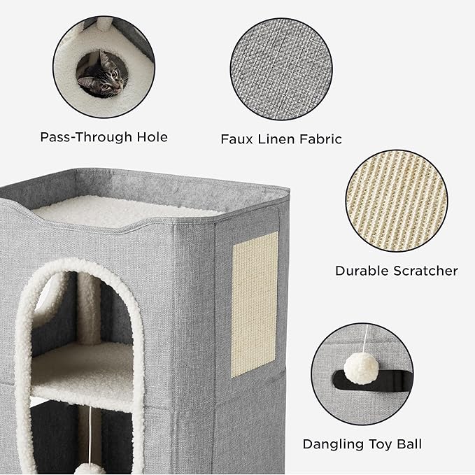 Bedsure 2 Story Cat House - Cat Condos for Indoor Cats with Scratch Pad and Fluffy Ball Hanging, Small Pet Cave Furniture Hideaway for Multi Pets, 18x14x23 inches, Grey