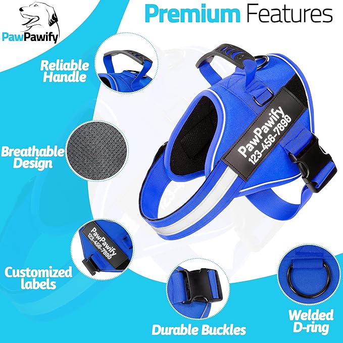 PawPawify Custom No Pull Dog Harness with Name and Phone Number, Heavy Duty Personalized Pet Vest to Prevent Tugging, Pulling, or Choking, Training and Walking (New Blue, XXL (85-140 LBS))