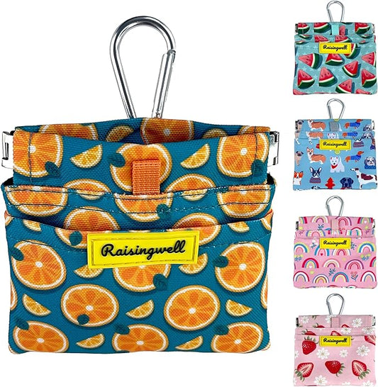 Dog Treat Pouch,Cotton Pocket Sized Training Holder, Hand Free Walking Funny Bag with Carabiner, Self-Closing Pet Feed Snack Reward, Behavior Aids for Puppy Travel or Outdoor Use（Fruit Orange）