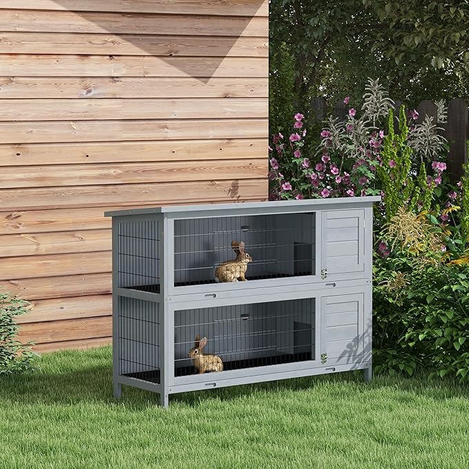 PawHut 54" 2-Story Large Rabbit Hutch Bunny Cage Wooden Pet House Small Animal Habitat with Lockable Doors, No Leak Tray and Waterproof Roof for Outdoor/Indoor Grey