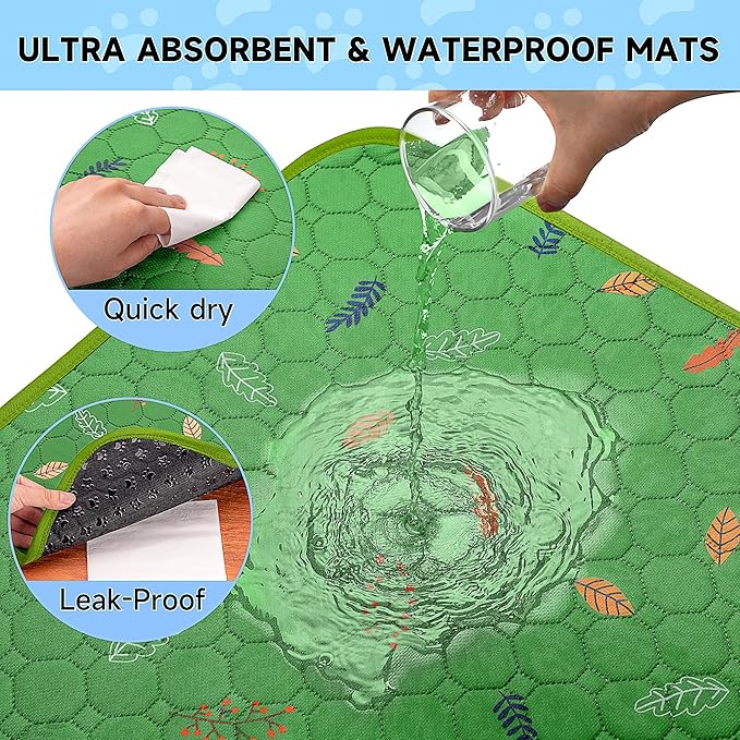 Sunheir Washable Pee Pads for Dogs 2-Pack Reusable Puppy Pads Pet Training Pads, Waterproof Dog Pee Pads for Crate, Whelping Pad, Non-Slip Protects Against Urine Leakage (Leaves - Green, 18x24)