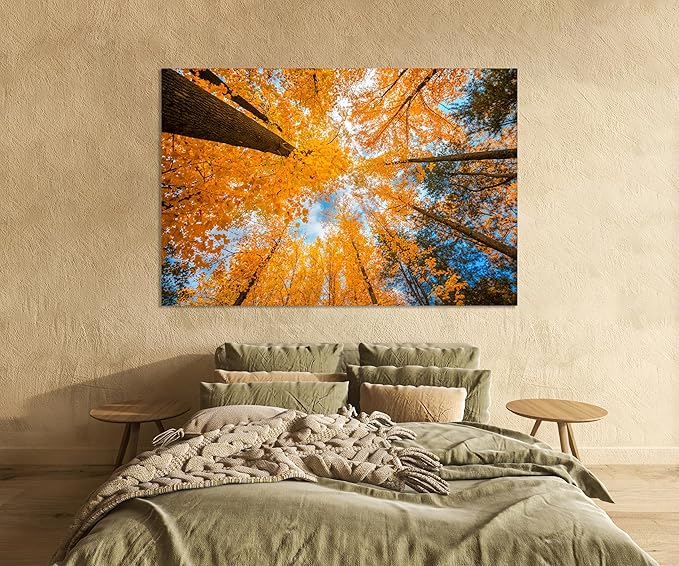 Nature Wall Art Prints - Ocean Forest Mountain Lake Canvas Landscapes - Small to Extra Large Living Room Bedroom Kitchen Bathroom Décor (Blue Sky Through Yellow Autumn Trees, 24L" x 36W")