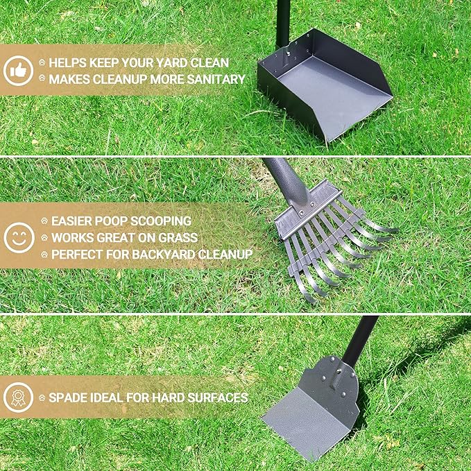 Heeyoo Dog Pooper Scooper, Dog Poop Tray and Rake Set, Pet Waste Removal Scoop with Long Adjustable Sectional Stainless Handles
