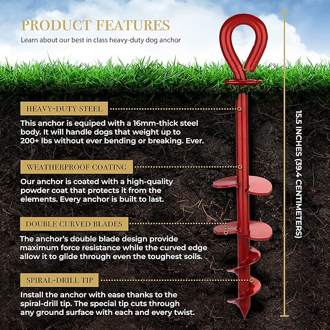 ROYAL-PAW Dog Tie Out Stake - for Large Dogs up to 210 lbs - Heavy Duty Dog Stake for Yard, Beach & Camping Outside - Best in Ground Anchor for a Dog Cable, Leash, Lead Tether (R2-Crimson Red)