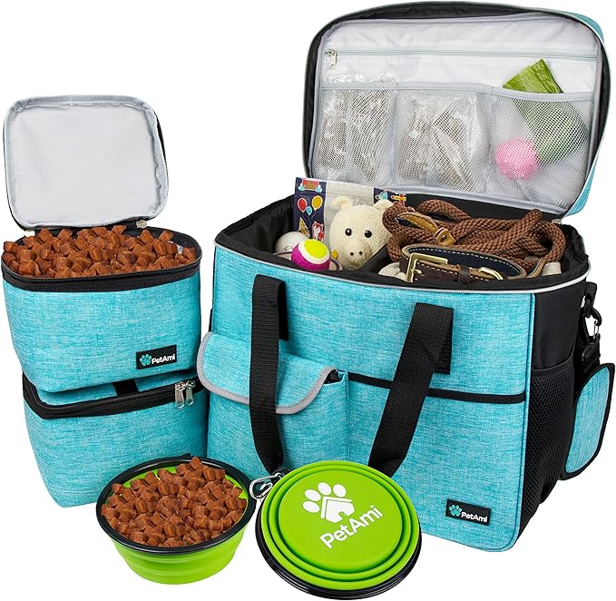 PetAmi Travel Bag Organizer - Dog & Cat Diaper Bag with Food Container and Bowls, Perfect for Weekend Camping (Sea Blue, Large)