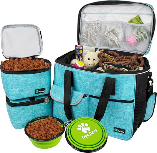PetAmi Travel Bag Organizer - Dog & Cat Diaper Bag with Food Container and Bowls, Perfect for Weekend Camping (Sea Blue, Large)